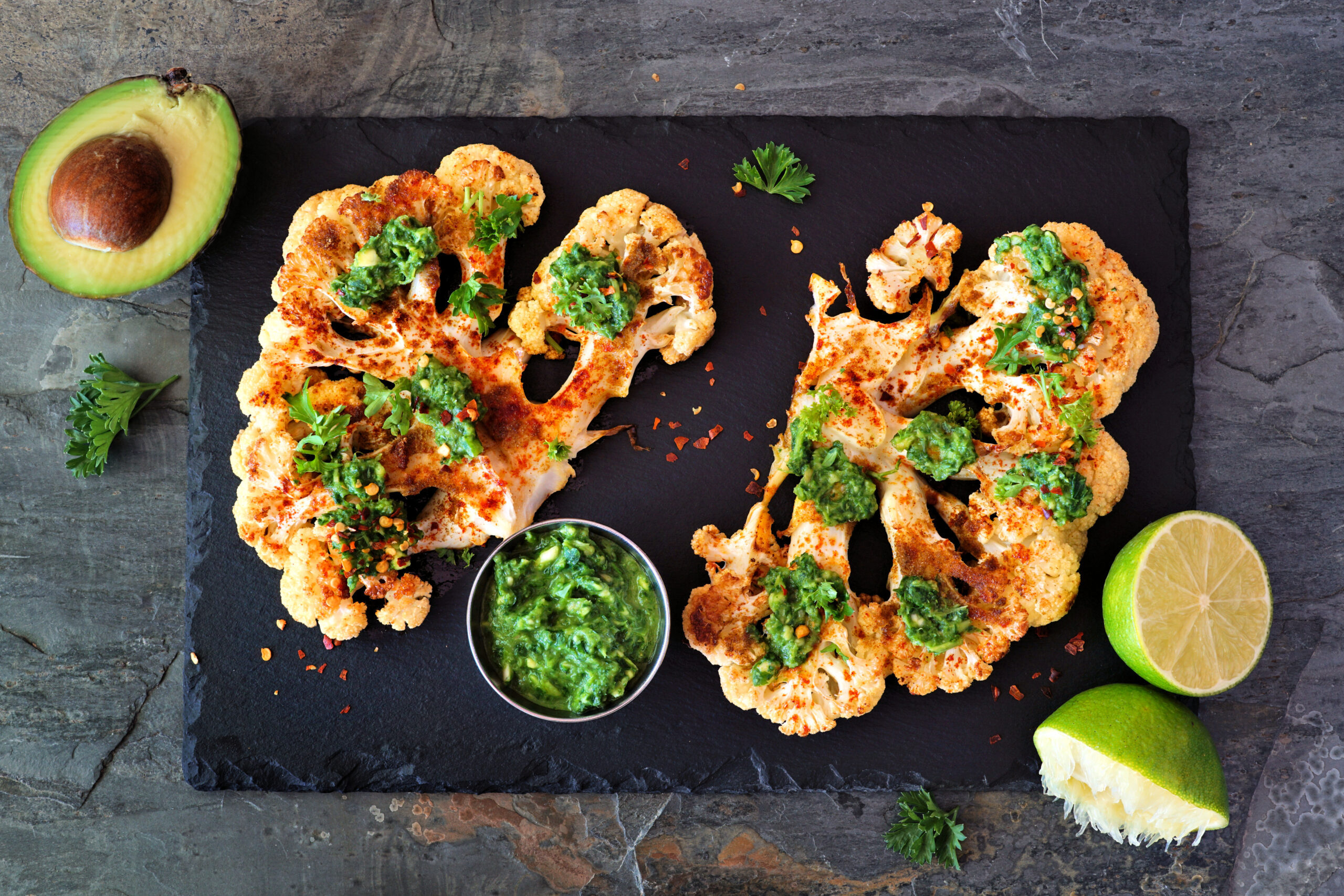 Grilled Curried Cauliflower Steaks with Spiced Lentils and Spinach - Mazola® Oils