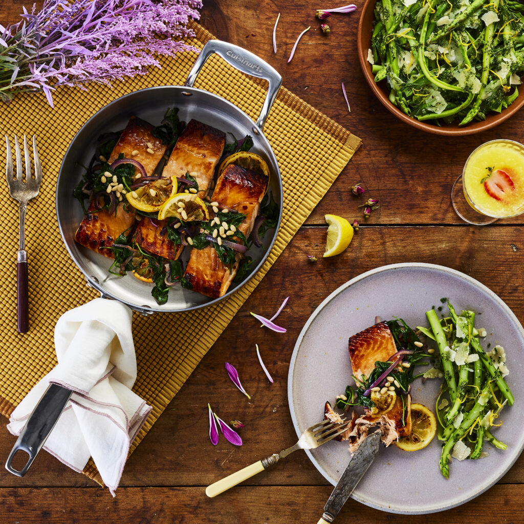 Honey Lemon Glazed Salmon with Spinach Sauté - Mazola® Oils